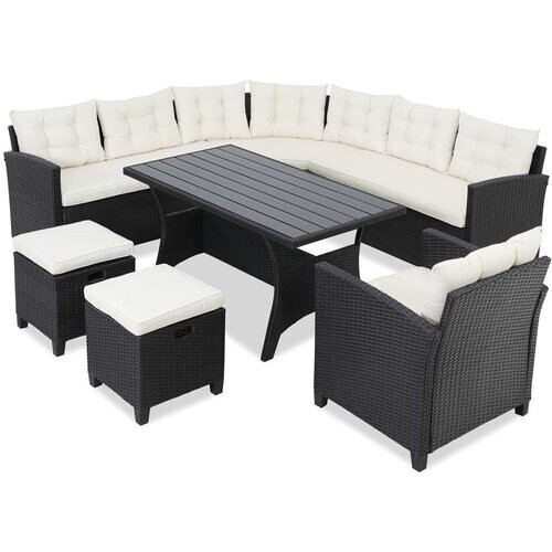 Tweedekans Casaria Polyrattan Tuinset - WPC Tafelblad 9 Personen – Zwart / Crème
