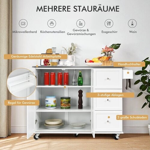 Tweedekans Coast mobiele keukenauto met roestvrijstalen werkblad en 3 laden en verstelbare planken wit